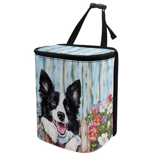Image of Talayituse Border Collie Daisy Wood Print Car Trash Can with Adjustable Straps, Zip Closure Car Trash Bag Bin Auto Garbage Bag Multipurpose Storage Box for Vehicle Travel Camping Picnicing