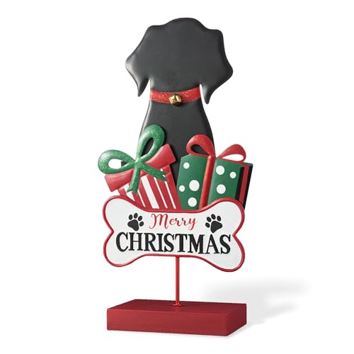 Glitzhome 15”H Wood Metal Christmas Dog Gift Box Table Decor Cute Merry Christmas Table Ornaments with Base Freestanding Decorative Tabletop Centerpiece Decor for Xmas Party