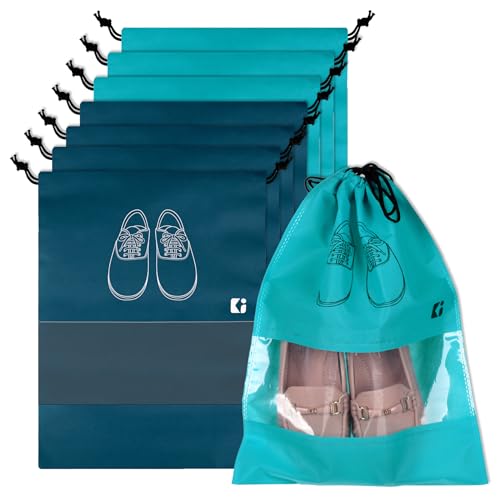 Image of Urbane Home Pack of 8 Shoe Bags | Shoe Bags for Travel | Non-Woven Shoe Storage Bags | Storage Organizers Set | Shoe Cover with Transparent Window | Shoe Dori Cover | Navy Blue & Green