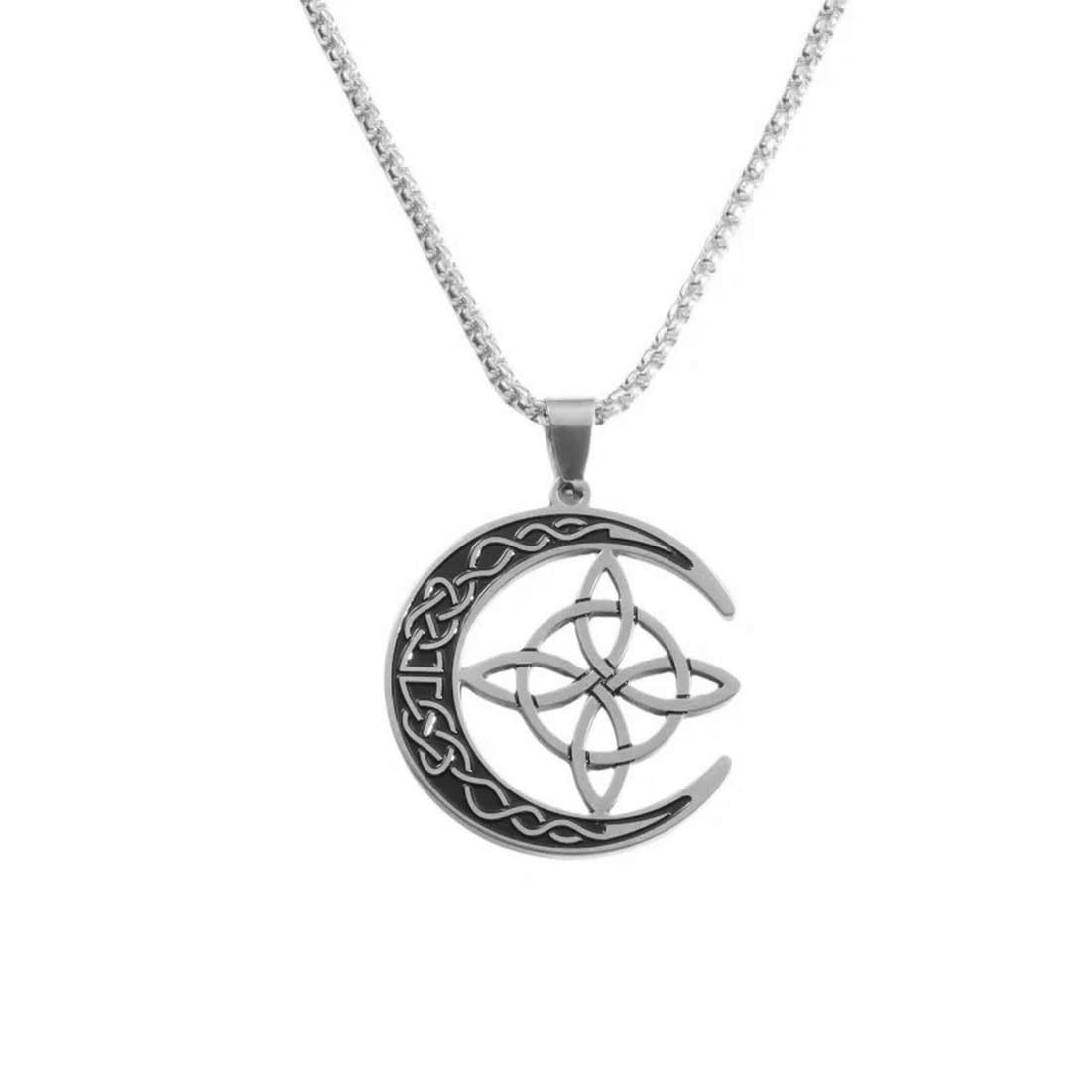 Caiduoduo Zarte Edelstahl Hexenknoten keltische Dreifaltigkeit Anhänger Irish Moon Halskette für Frauen Charme Hexerei Amulett Schmuck Geschenk