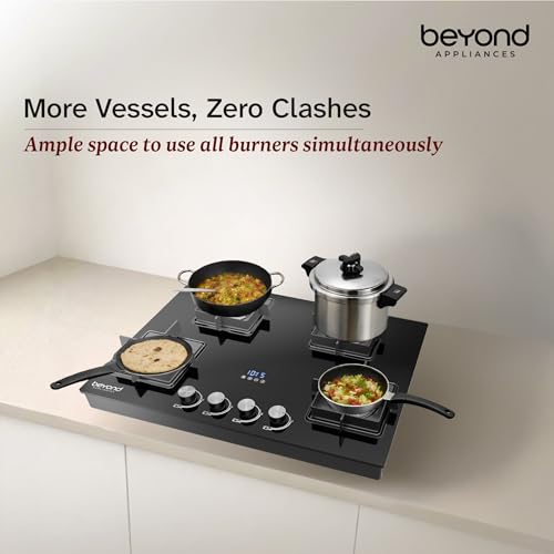 Image of Beyond Appliances Solaria 4 Full Brass Burner Smart Gas Stove Auto Ignition | Digital Timer | Flame Failure Device | Toughened Glass | ISI Certified | LPG & PNG Compatible Cooktop | PAN India Service