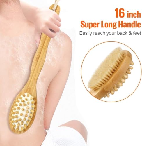 Image of (1Pcs) Premium Soft Silicone Back Scrubber Shower Bath Body Brush with Long Handle, Body Exfoliator for Bath or Dry Brushing, for Men Women Elderly. (Wooden Brush)