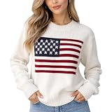 Women’s American Flag Sweater Patriotic Knit Pullover Crewneck Long Sleeve Casual Soft Lightweight USA Flag Graphic Top Fall Winter Outfit Gift for Her 4th of July Holiday Cozy Jumper-White-X-Small