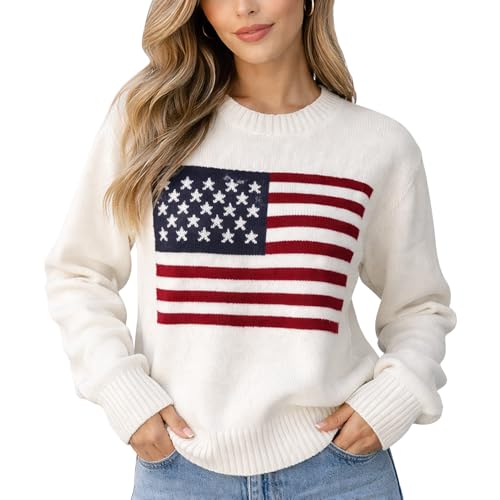 Womens American Flag Sweater Patriotic Knit Pullover Crewneck Long Sleeve Casual Soft Lightweight USA Flag Graphic Top Fall Winter Outfit Gift for Her 4th of July Holiday Cozy Jumper-White-X-Small
