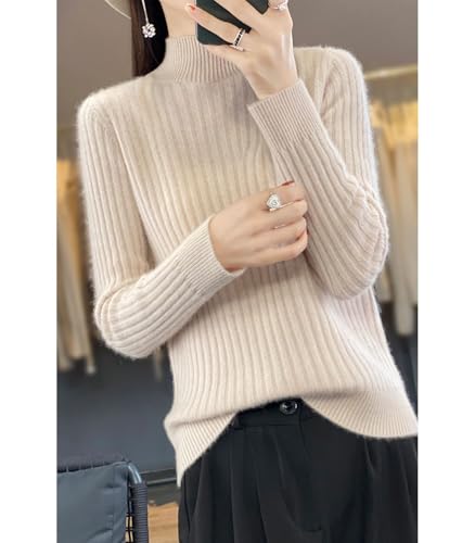 100% Merino Wool Sweater Women's Autumn Winter Mock Neck Long Sleeved Groove Strip Pullover Warm Soft Knitted Tops2