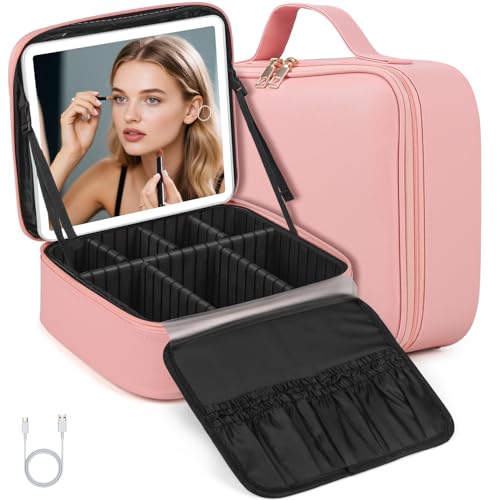 Gavzrt 26 * 23 * 10 cm Bolsa de Maquiagem com Espelho e Luz LED de 3 Cores, Maleta Organizadora Makeup Case Portátil, Bolsa de Maquiagem Grande de Viagem, Organizador de Maquillaje, Carregamento USB