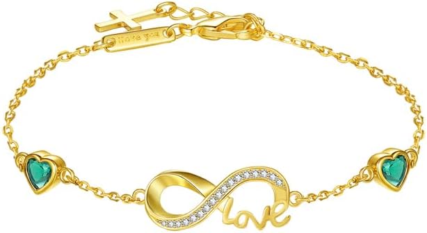 HeartMelody Infinity Bracelets for Women, 18K 14K Gold/White Gold/Rose Gold Jewelry Anniversary Birthday Gifts for Wife Mom, Womens Fashion Jewelry with Heart Birthstone Link Bracelets, Adjustable Chain