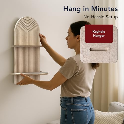 Image of American Art Decor Carved Lunar Ledges 2-Tier Modern Display Arched Wall Shelf Storage for Bedroom Bathroom Kitchen Living Room - Natural Beige - 23.75 inch x 14 inch x 8.25 inch
