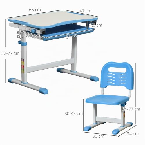Miniatura 3 de Homcom Pupitre Infantil 2 En 1 Juego De Escritorio Y Silla Para Niños De 6 Años Con Altura Ajustable Mesa Regulable En Ángulo Y Bandeja Deslizante 66x47x77 Cm Azul