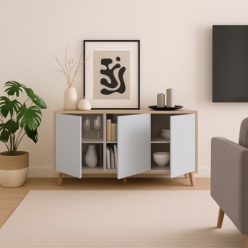 Dmora - Credenza Arvada, Buffet da cucina, Armadio di design da soggiorno, Madia moderna a 3 ante e ripiani, 154x40h75 cm, Rovere e Bianco