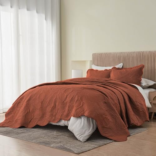 Image of Kingnex Oversized King Bedspreads 128x120 for Tall King or Cal King Bed Ultrasonic Quilted Coverlet Set 3 Piece Include 1 Extra Wide Quilt 2 Pillowcases Baked Clay