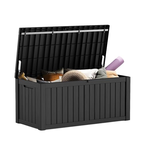Mars Villa 119 Gallon Outdoor Storage Box Waterproof, Large Resin Deck Box for Pool Supplies Storage, Outdoor Patio Furniture Cushions, with Hydraulic Hinge, UV-Resistant and Weatherproof, Black