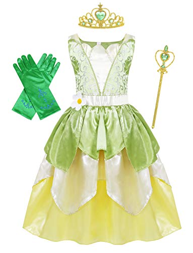 Jurebecia Princess Tiana Dress Birthday Party Frog Costume For Little Girls Halloween Fancy Cosplay Dress Up Kids Fairy Tale Outfits With Luxury Jewelry Size 5-6 Years #TOP7