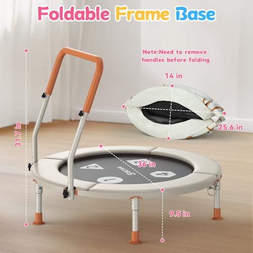 BCAN BT1 36'' Toddler Trampoline, ASTM Certified-Foldable Mini Trampolines for Kids Ages 1-6, Adjustable Handle, Safety Pad & Foldable Legs, Baby Trampoline Indoor/Garden, Gift for Boy and Girl, Beige - image 6