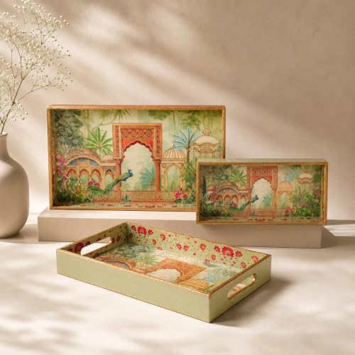 Image of Birch & Co. Wooden Tray Set for Serving - Trays Set of 3 - Elegant Rectangular Trays Large with Easy-Grip Handles, Multipurpose Kitchen, Dining & Home Decor Organize,Royalgallop