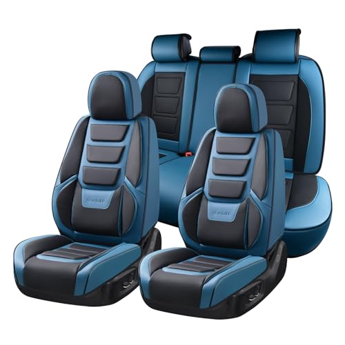 Image of Coverado Car Seat Covers Full Set, Seat Covers for Cars, Front Seat Covers and Back Seat Cover Waterproof Leather Automotive Seat Cover, Universal Car Interior Protectors Cushion for Most Cars Blue