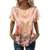 Damen T-Shirt Rundhals Blumenmuster Kurzarm Shirt Casual Oberteil Sommer Locker Baumwolle Tee Tops,Safran,L