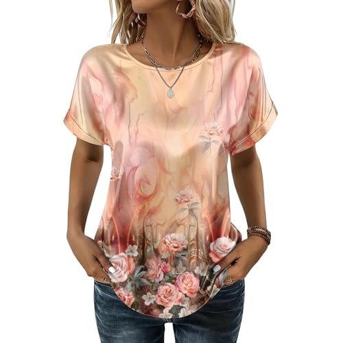 Women Short Sleeve Summer Silk Shirts Dressy Casual Loose Round Neck Business Tops Fashion Printed Satin Blouse