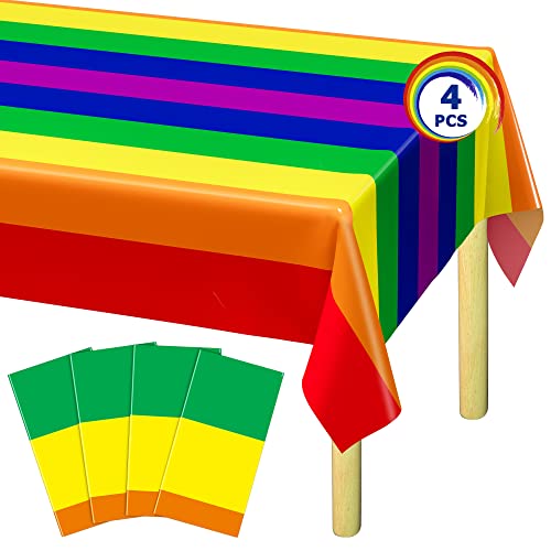 Image of QZYL 4 PCS Pride Decorations, 108 x 54 Inches Disposable Tablecloth, Plastic Rectangle Rainbow Table Covers Stuff, Gay Pride Month Accessories for Rainbow Theme LGBTQ Community Party Decor