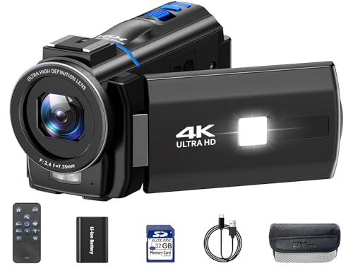 Video Camera Camcorder 4K 30fps 48MP with IR Night Vision, 16X Digital Zoom Cam Corder 3.0" 270° Rotation Touch Screen Video Recorder for YouTube with Remote Control, Battery, 32GB SD Card