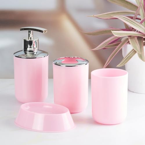 Image of Kookee Acrylic Bathroom Set - Stylish 4 Piece Bath Accessories Kit with Soap Dispenser, Toothbrush Holder, Tumbler & Soap Dish - Modern & Designer Decor for Home & Guest Bathrooms (7395)