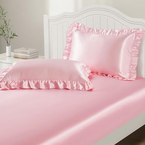 P Pothuiny 3-Piece Set Ruffle Satin Pillowcases & Full Fitted Sheet