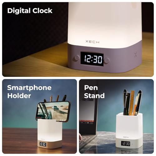 Image of Xech Digital Clock with Pen Stand, Ambient Night Light & Mobile Holder | 3-Colour Ambient Light, Touch Control | Rechargeable Night Lamp for Office, Study & Bedside (Nova Digital)