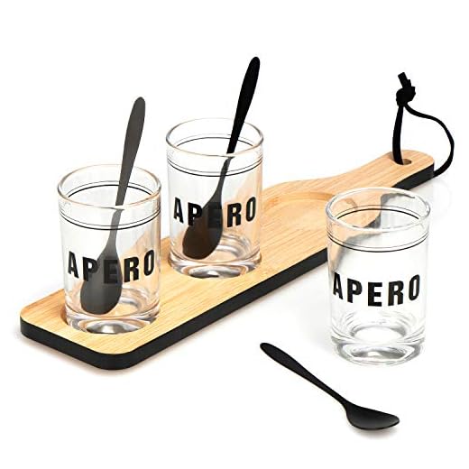 COM-FOUR® 7-delars förrättssats, serveringsbräda av bambu med glas och skedar, till förrätt, aperitiffer, amuse-bouche, snacks, dopp, såser och desserter (07 st - Amuse Gueule Set)