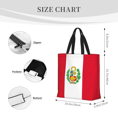 Flag Of Peru Print Tote Bags, Large Capacity Zipper Shoulder Bag, For Shopping, Work, Daily4