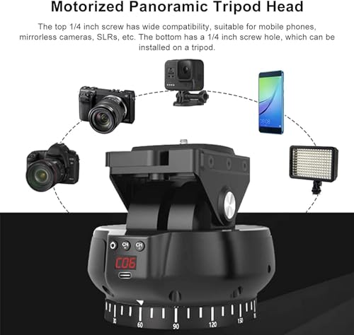 Image of Motorized Pan Tilt Head, 100m Control, 360 Degree Rotation, Tilt ±35 Degree, 9 Gears Adjustable Speed, Panoramic Tripod Head for Smartphones, Camera,Black