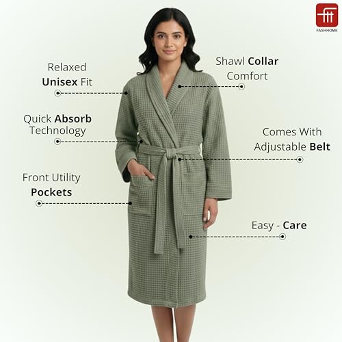 Image of Fash Home-Unisex Bathrobe-Waffle design at Top & Soft TerryTowel inside for quick absorbancy and softness -100% Soft Cotton |Full Size | Perfect for Royal Elite Class Men /Women /Couples (Olive Green)
