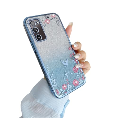 Image of for Samsung Galaxy S20 FE Case,S20 FE Case for Women Gradual Change Glitter Crystal Soft TPU Stylish Butterfly Floral Heart Clear Protective Cover with Strap for Samsung S20 FE (Blue)