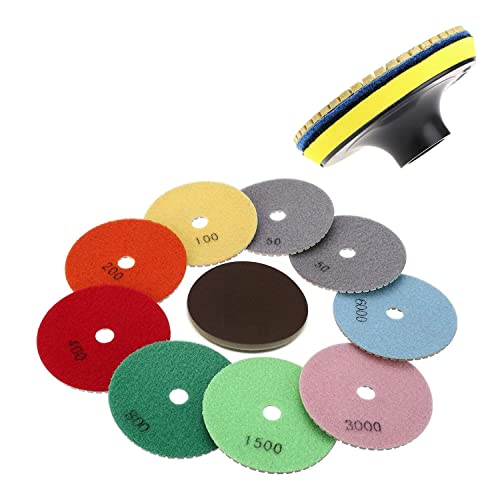 HLYCare (11-Pack) 4 inch Diamond Polishing Pads Set Wet/Dry Polishing Kit (50#-6000#) Grit Pads & Sanding Sponge Pad & (5/8-11)Hook and Loop Backer Pad for Granite Stone Concrete Marble Floor Polisher