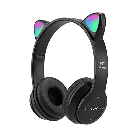 DASNTERED Cute Cat Ears Wireless Gaming Headset, Bluetooth 5.0 Headphones with LED Lights | Foldable, Comfortable, Adjustable Gaming Headphones for Kids Adults(Black) Cover