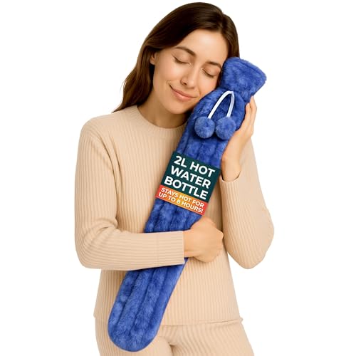 Long Hot Water Bottle for Back Ache and Pain Relief - 2L Soft Faux Fur Covered Hot Water Bottle with Blue Cover and 2 Hanging Pom Poms - 72cm Luxury, Soft and Washable Hot Water Bag (1 Pack)