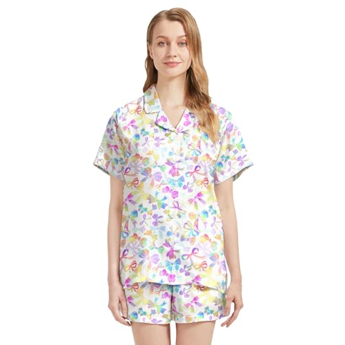 Image of Funny Pajamas for Women Set Print Satin Loungewear Pjs Short Sleeve Button Down Top and Shorts Sets Sleepwear XS-3XL