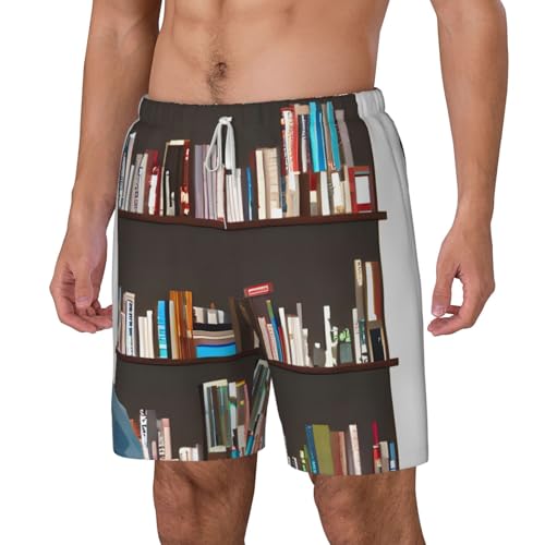 Library Bookcase Men's Soft Double Swim Shorts, Lounge Swiming Shorts Pants Breathable Summer2