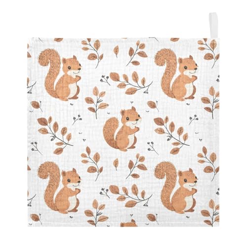 Image of vvfelixl Cute Squirrel with Tail Baby Burp Cloths Baby Muslin Washcloths for Boys Girls Cotton Babys Face Towel for Newborn Infants Soft and Absorbent 11.8 X 11.8 in, 5 Pack