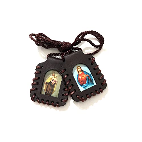Catholic Town Sacred Heart of Jesus, Our Lady of Mount Carmel Leather Scapular, Brown (LSWCARD-BRN)