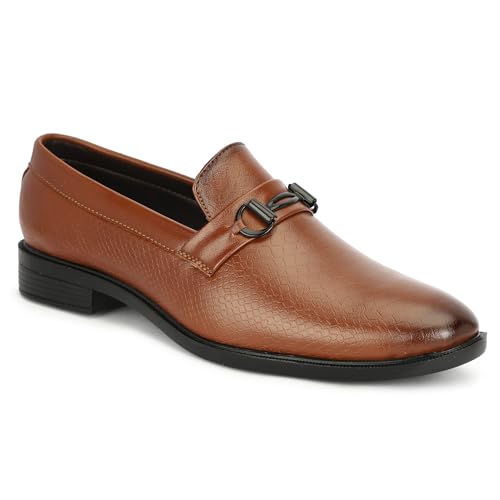 Image of NARKI Men's Tan Formal Loafers - Stylish Slip-On Synthetic Leather Dress Shoes | Textured Office Wear Shoes for Men