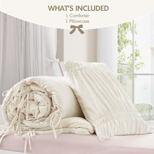 Image of Intelligent Design Ruched Shabby Chic Ivory Twin XL Comforter Set, 2pc | Back to School Girls Dorm Bedding Set, French Country, All Season Down Alternative, Cozy, Machine Washable, Lightweight