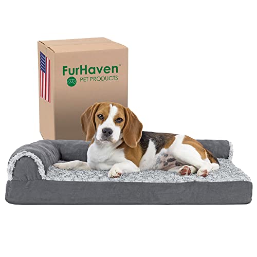 Image of Furhaven Cooling Gel Dog Bed for Medium /Small Dogs w / Removable Bolsters & Washable Cover, For Dogs Up to 35 lbs - Two-Tone Plush Faux Fur & Suede L Shaped Chaise - Stone Gray, Medium