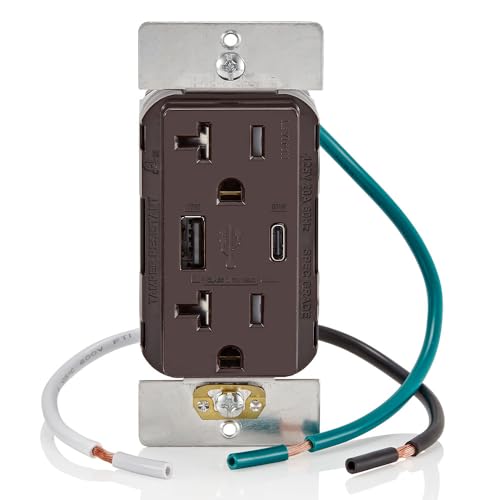 Image of Leviton T5834-B 60W (20V@2.5A+ 5V@2A) USB Dual Type A /Type-C Power Delivery in-Wall Charger with 20A Tamper-Resistant Outlet, USB Charger for Smartphones, Tablets, Laptops, Brown
