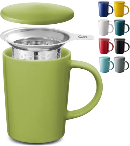 Cosumy Taza de Te con Filtro y Tapa 400ml - Ceramica Verde Matcha - Mantiene Caliente la Infusion - Apto para lavavajillas