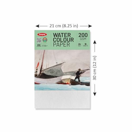 Image of Anupam Professional Watercolour Paper | A4 (30X21CM) 200 GSM Cold Pressed Paper |Acid-Free 10 Sheets| Ideal for Artist, Professional Drawing, Painting Dry & Wet, Fine Art, School, Students