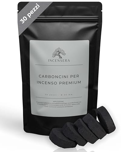 Carboncini per Incenso 33mm – 30 Dischetti a Combustione Rapida – Bruciano Fino a 60 Minuti – Carboncino Incenso Naturale – Ideale per Resine e Incensiere