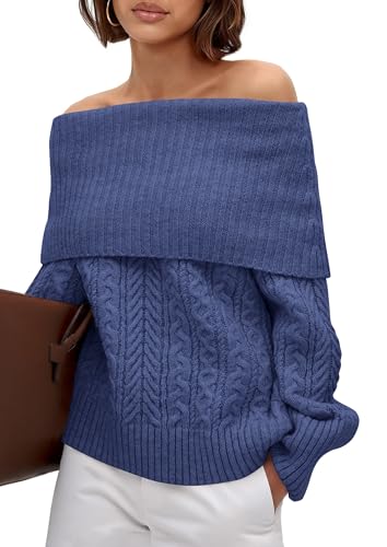MASCOMODA Womens Sweaters Off The Shoulder Long Sleeve Cable Knit Sweater Loose Chunky Pullover Dressy Work Tops Fall Fashion