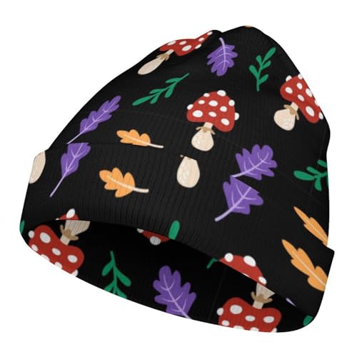 Cute Mushrooms and Leaves Pattern Kids Beanie Hat for for Girls Boys Children Cap Winter Knitted Chemo Cancer Headwear Accessories Gifts Decoration Black