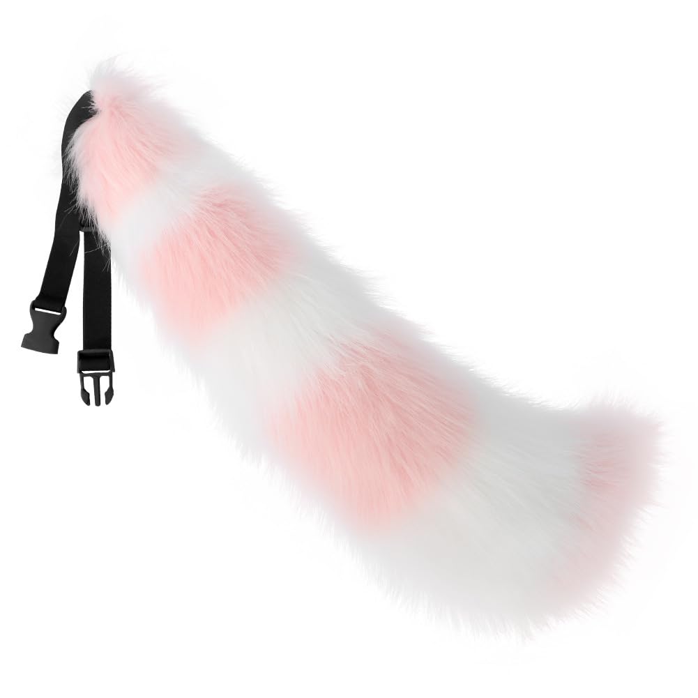 ILUFAM Faux Fur Wolf Fox Tail 65cm Furry Stripes Animal Tail For Halloween Christmas Cosplay Party Dress Up Costume Accessories (Pink&White)