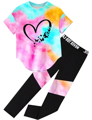 Image of Girls 2 Piece Outfits Kids Clothes Pants Sets Print Short Sleeve Top Leggings Spring Summer Tracksuit 4-13Y